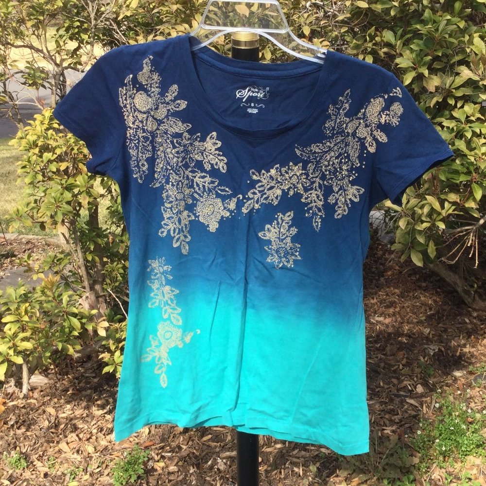 Style&Co Gold Sequin Floral on Blue Top